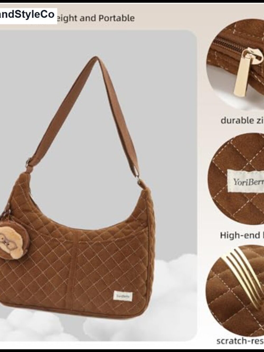 Quilted Hobo Shoulder Bag with Adjustable Strap Zipper Closure - Picture 5 of 6